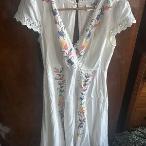 Aiti Boutique Embroidered White Midi Dress with Floral Accents